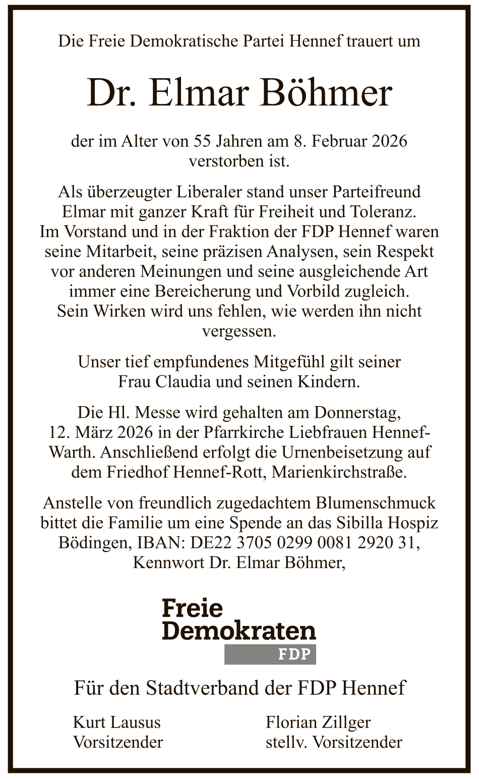 Traueranzeige Dr. Elmar Böhmer